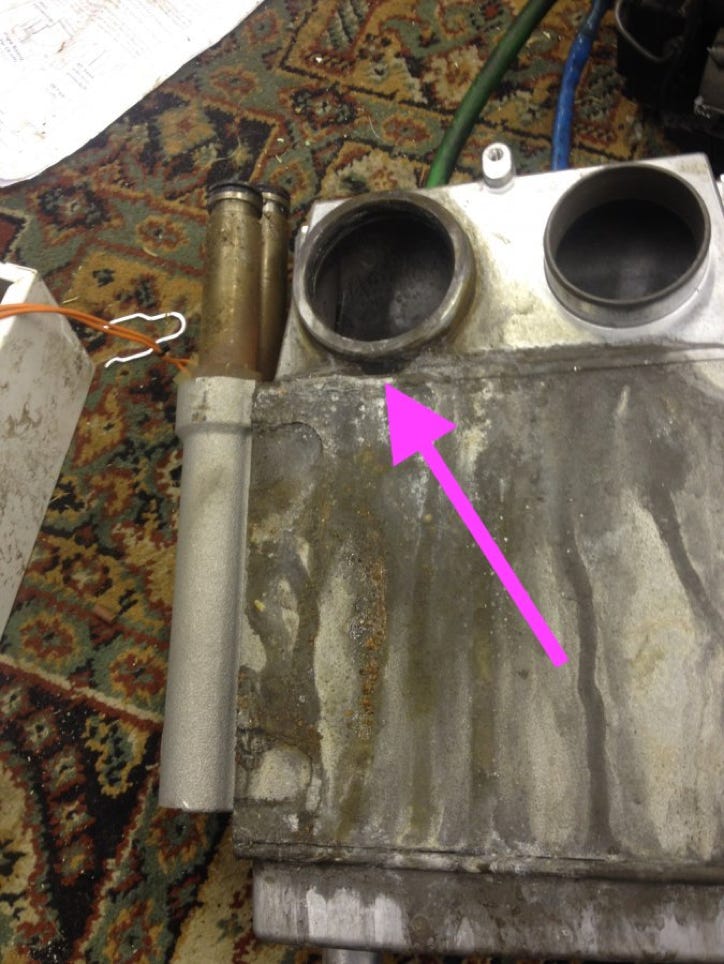 Potterton Suprima recuperator showing where they corrode through
